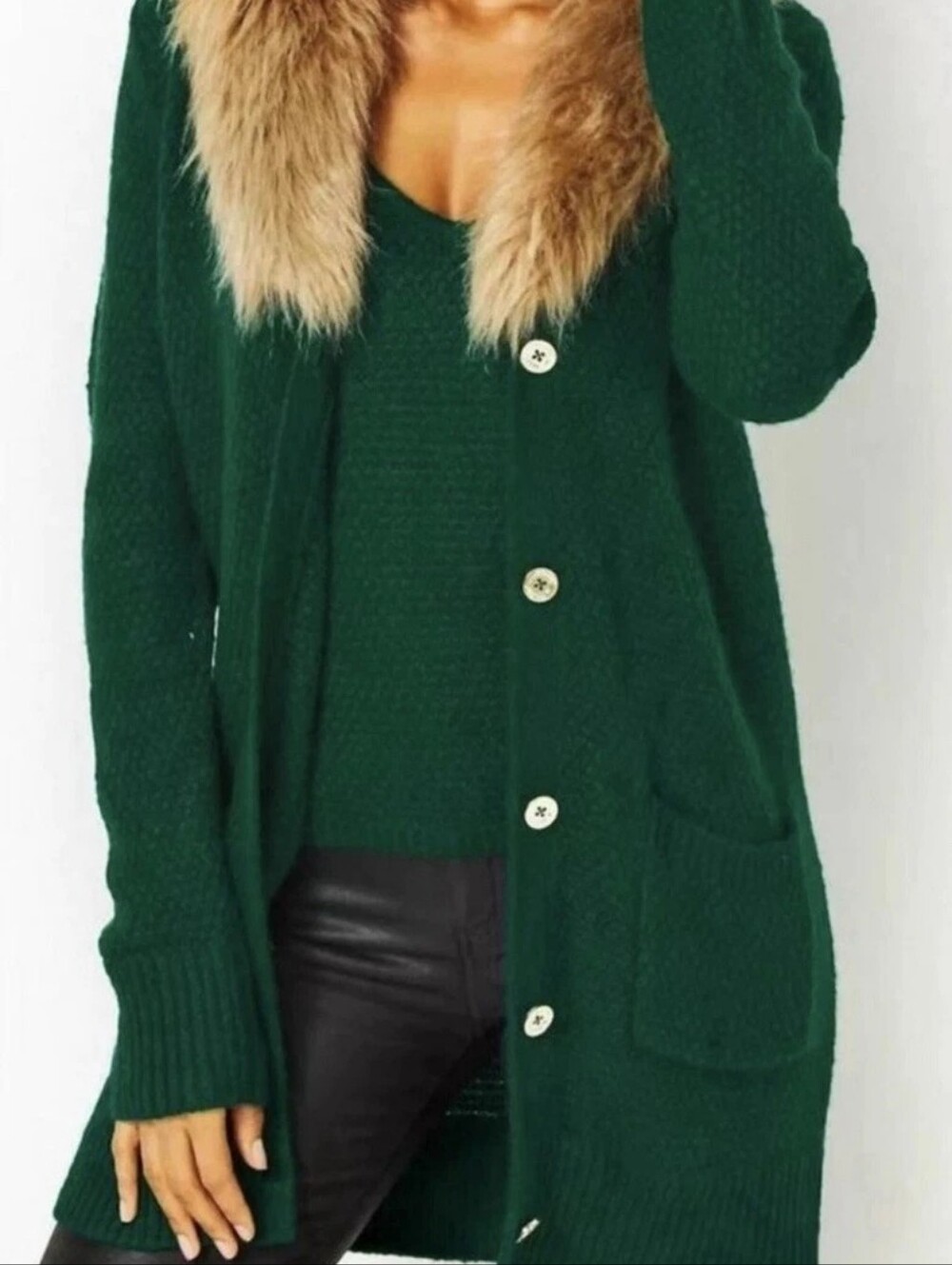 Lilly Pulitzer Emerald Green Knit Cardigan with Faux Fur Collar
